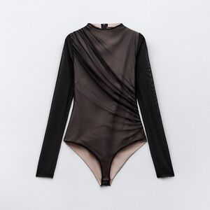 SOLD ✨ Zara Black Longsleeve Draped Tulle Bodysuit XS